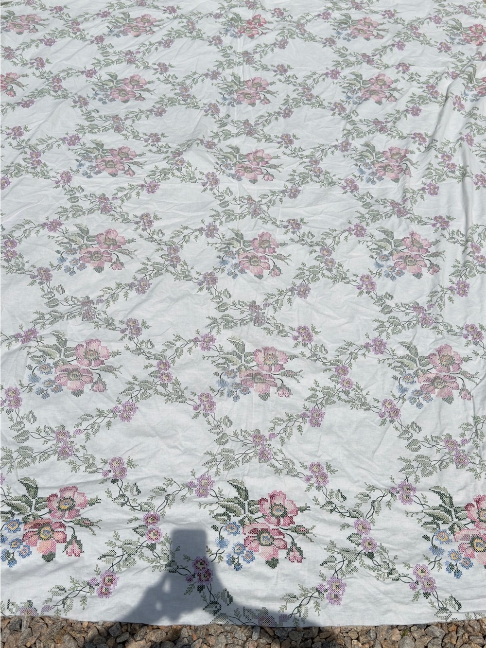 Vintage Floral unfinished Cross Stitch quilt top  - Pink & Green Flowers